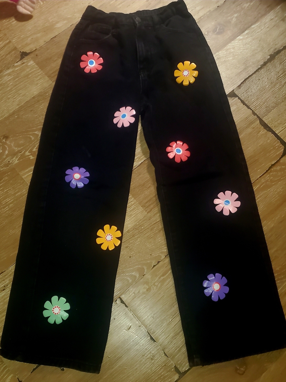 Black Women’s Jeans with Multicolor Flower Appliqués